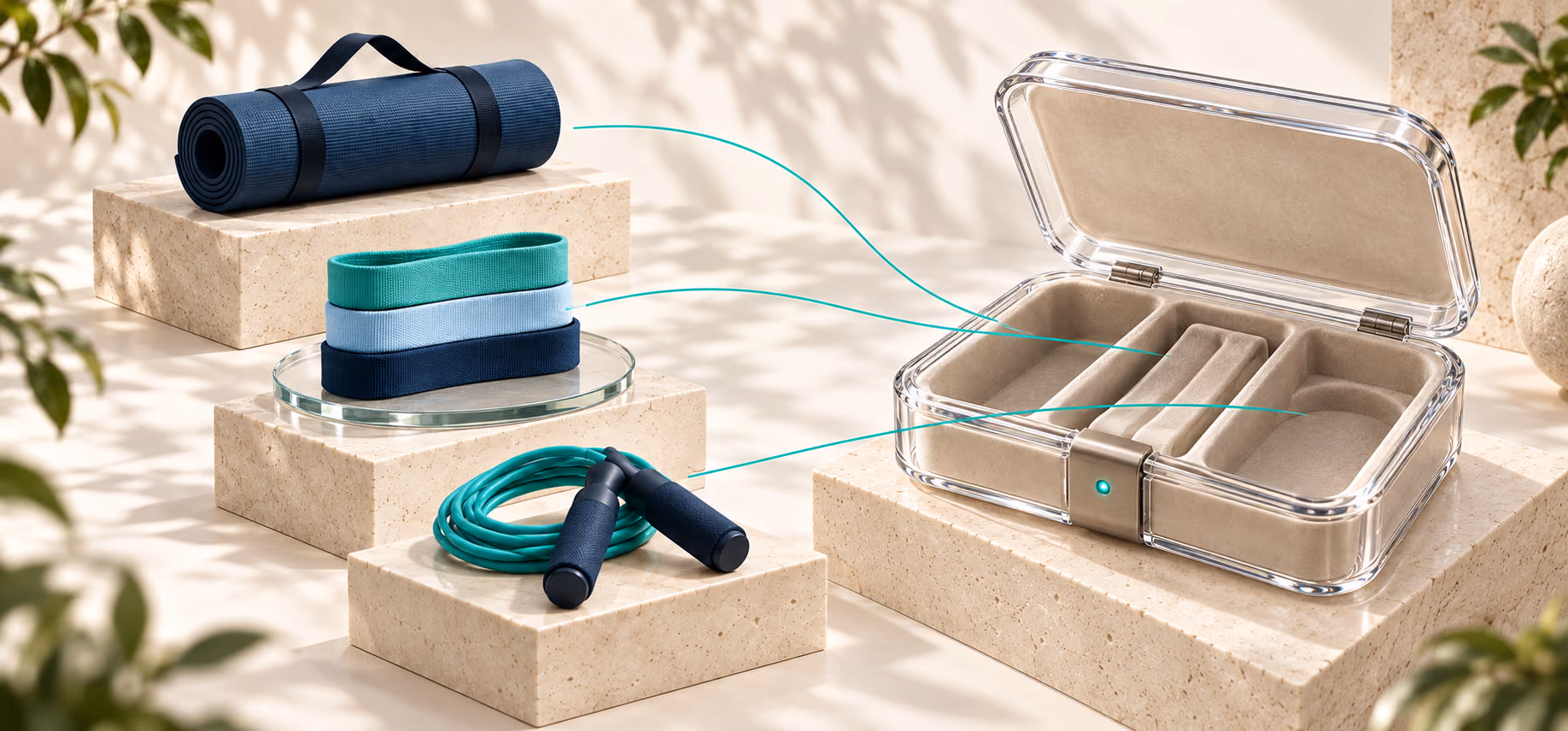 Fitness mat, resistance bands, and jump rope converging into an open premium bundle case